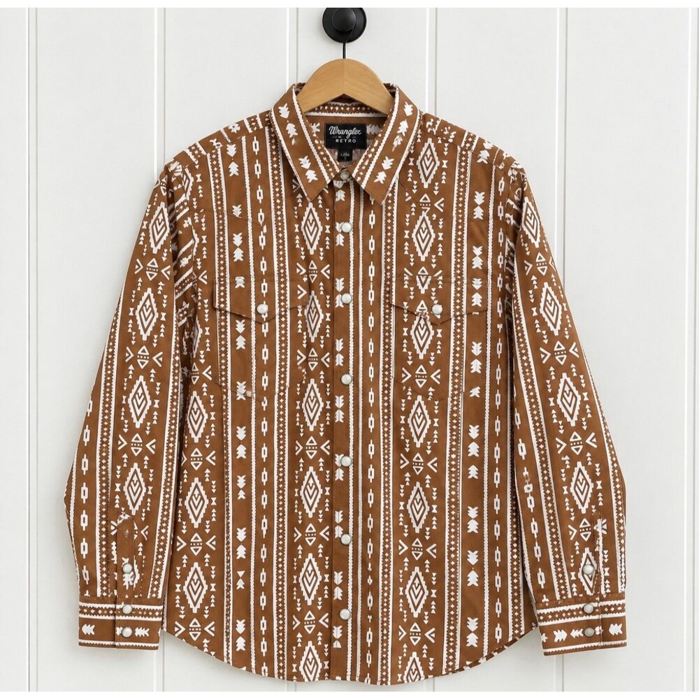 Wrangler Retro Men's Large Caramel White Aztec Pearl Snap Western Shirt Cotton